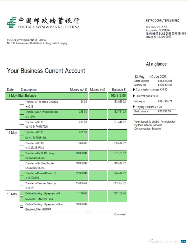 Download Postal Savings Bank firm account statement Word and PDF template Photoshop template